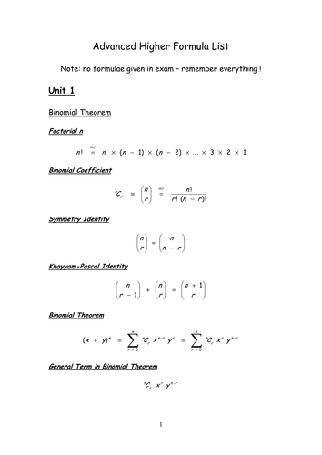 Advanced Higher Formulae by Mpatel777 | Teaching Resources