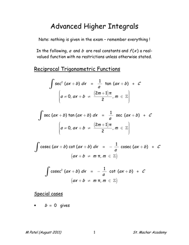 Advanced Higher Integrals