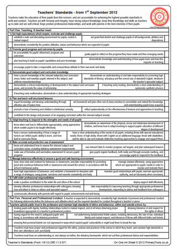 Teachers' Standards - Sep 12 - All On One A4 Sheet