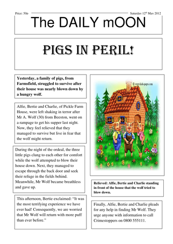 Three Little Pigs Newspaper Report Teaching Resources