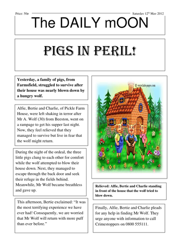 Three little pigs newspaper report | Teaching Resources