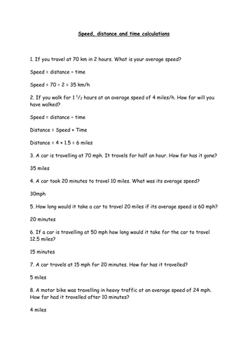 Speed Distance Time Calculation Practice Low Teaching Resources