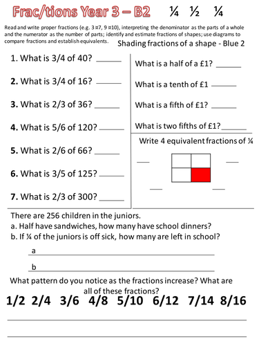 Fractions Questions Y2,Y3,Y4