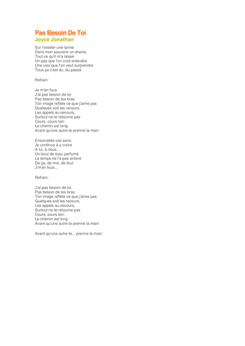 Chanson pas besoin de toi de Joyce Jonathan