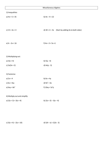 GCSE Algebra Revision Sheet with answers