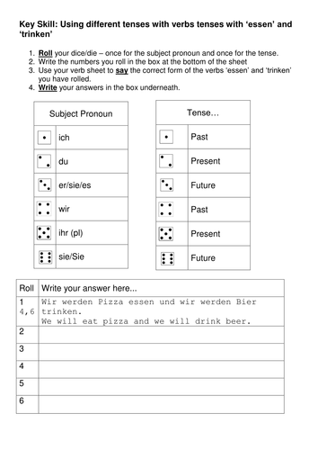 Dice grid for verbs