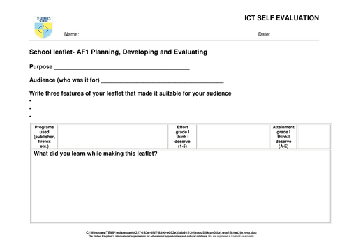 Pupil self evaluation sheet AF1