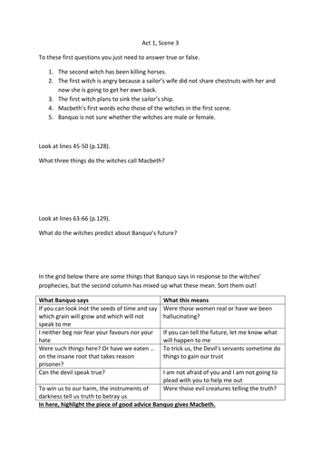 Macbeth Act 1 Scene 3 Questions Worksheet Teaching Resources