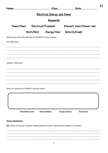 Electrical Energy and Power Worksheets | Teaching Resources