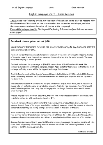 Unit 1 Language Revision Activity (Facebook)