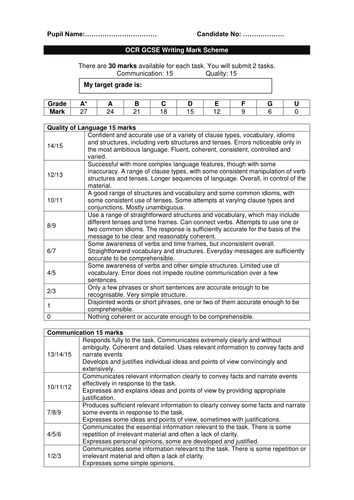 OCR GCSE Writing feedback form