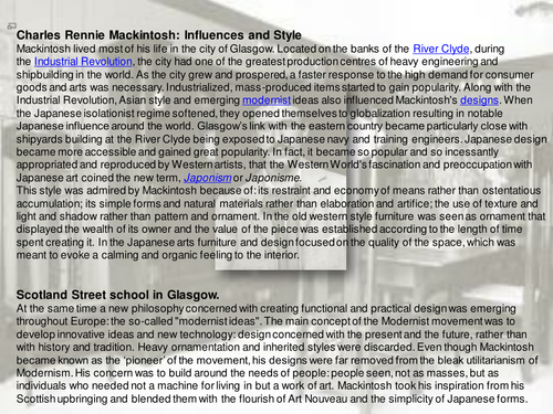 Charles Rennie Mackintosh exam prep sheets for KS4