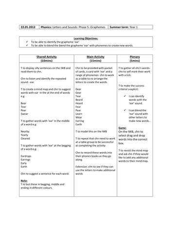 'ear' phonic lesson plan and resource by ANDonnelly - Teaching ...