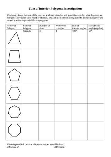 Sum and Interior Angles Worksheet