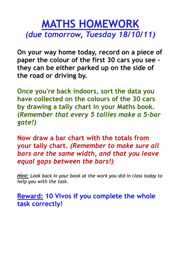 Tally/bar charts - homework practical activity