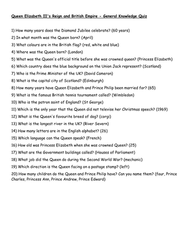 General Knowledge Quiz - Diamond Jubilee | Teaching Resources