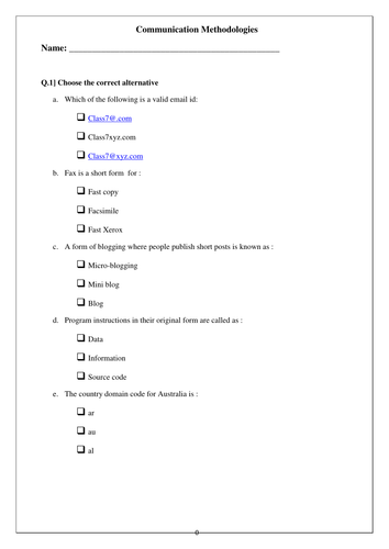 Test / Revision worksheet on Communication methods