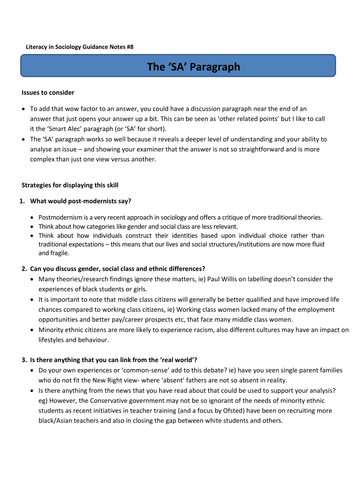 Literacy in Sociology- The SA paragraph | Teaching Resources