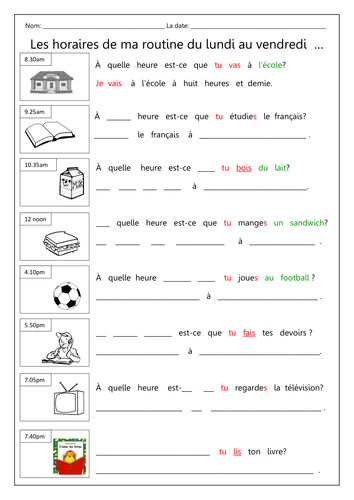 Les horaires de ma routine du lundi au vendredi