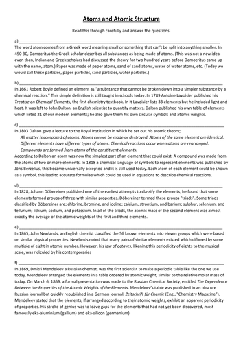 Active reading sheet on history of atomic structure