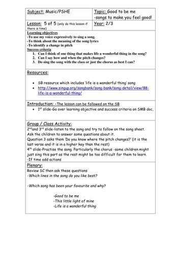 Year 2/3  'Good to be me' Singing Topic