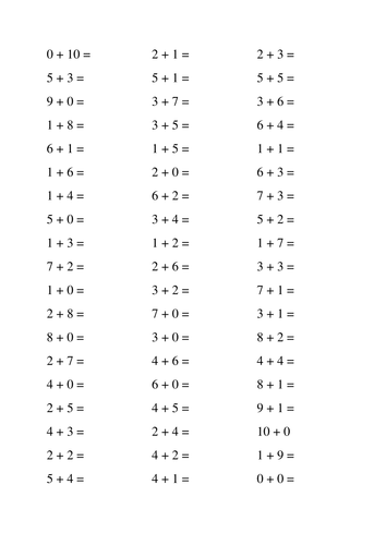 addition facts to 10 worksheet