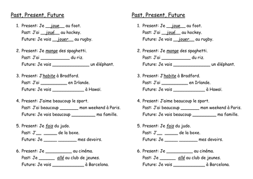 Past Present Future Worksheet (French)