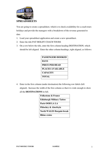 Bus tour EXCEL SPREADSHEET ACTIVITY