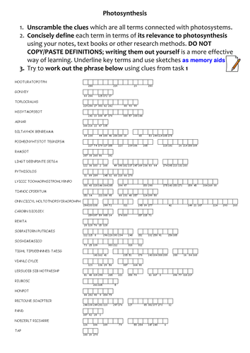 A2 Photosynthesis revision activities