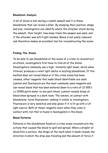 Blood stain analysis worksheet