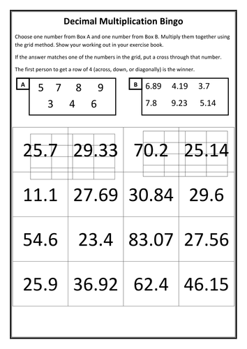 Multiplying Decimals Bingo