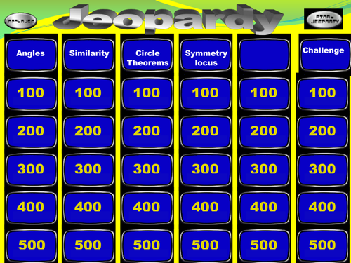 Mathematics Jeopardy Game.  Topic: GCSE Geometry