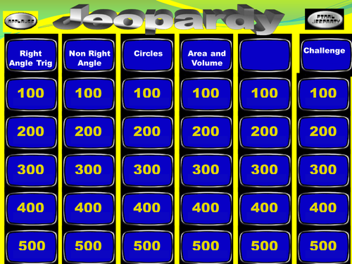 Mathematics Jeopardy Game Topic GCSE Trig/Shape
