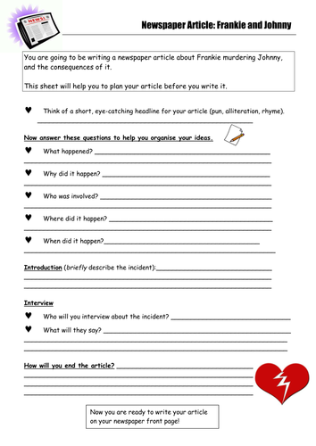 Newspaper Planning Sheet-Frankie and Johnny Ballad