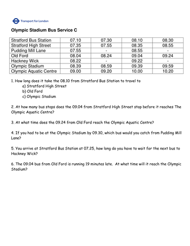 Olympic Bus Service Timetable Questions by GrayJ - Teaching Resources - Tes