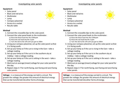 Investigating solar panels - worksheet