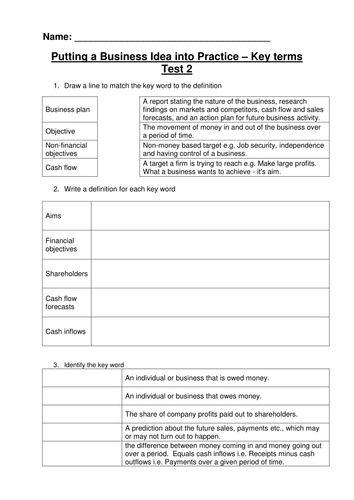 Edexcel Unit 1.3 key word tests and answers