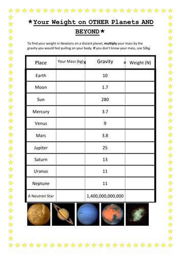 Your weight on other planets worksheet
