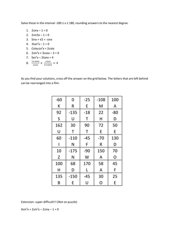 Solving trig anagram puzzle