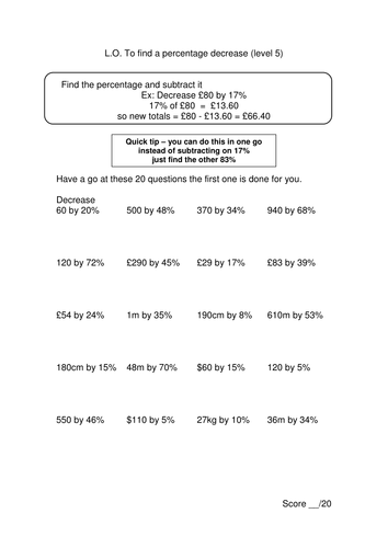percentages level 5 to 7 teaching resources