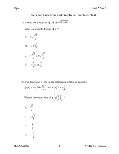 Higher Test 2 (Sets, Functions and Graphs)
