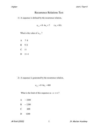 Higher Test 4 (Recurrence Relations)