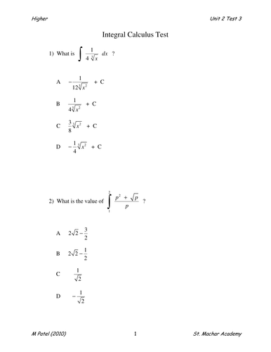 Higher Test 8 (Integral Calculus)