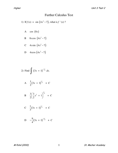 Higher Test 12 (Further Calculus)