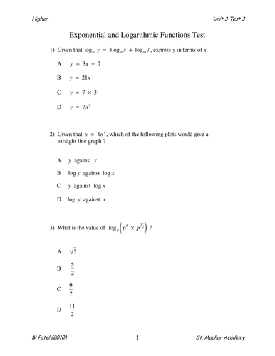 Higher Test 13 (Exp. and Log. Functions)