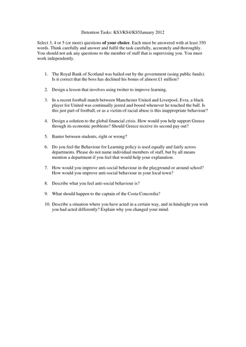 Reflective tasks/detention activity/PSHE