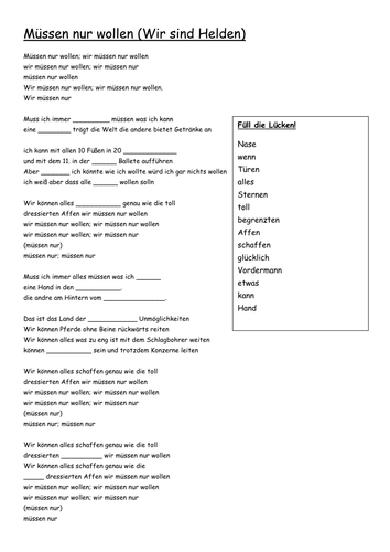 Gap fill activity 'Muessen nur wollen'