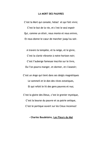 Poem Charles Baudelaire La Mort Des Pauvres Teaching Resources