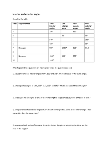 Interior and exterior angles worksheet