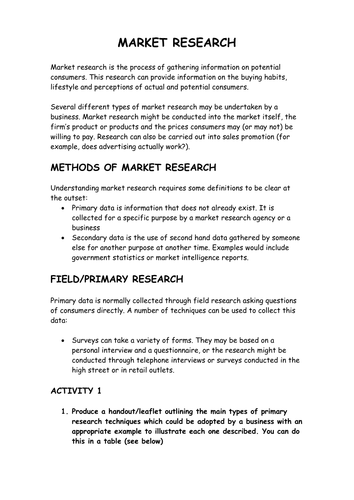 Market Research Booklet for students to complete | Teaching Resources